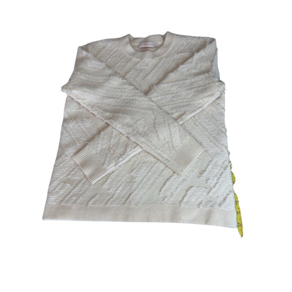 Tory Burch Sweater Womens Petite S Ivory Textured Fringe Crew Neck